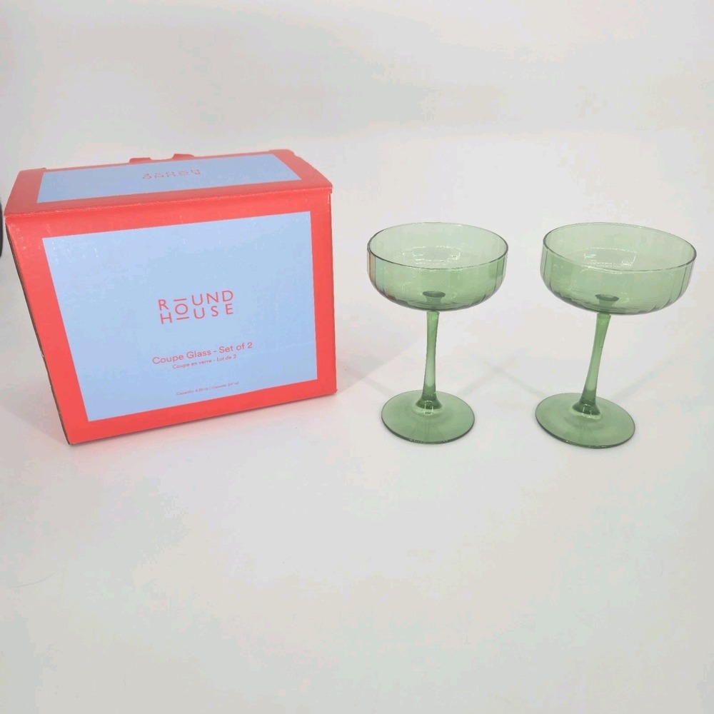Round House Coupe Glass Set Of 2 Green Clear Glasses 6 Inch 8.5 Oz New In Box NB